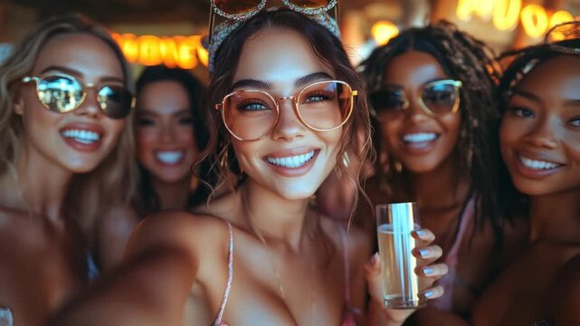 Making Memories Together A group of beautiful friends take a smiling selfie at a vibrant summer party. Perfect for lifestyle vlogs and social media content.