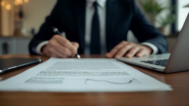 Business professional in suit signing document with pen at desk with laptop in office