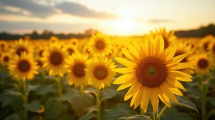 Obraz premium A field of sunflowers turning their faces towards the bright sun. 