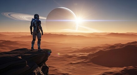Astronaut observing alien planet with rings sunrise