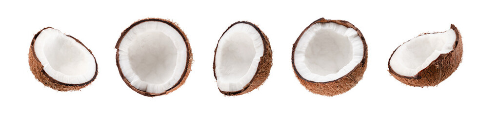 A set of beautifully retouched coconut halves isolated on white
