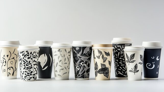 Elevate your brand with a stunning collection of artistically designed disposable coffee cups featuring unique nature-inspired patterns perfect for cafes and events.