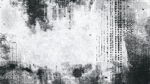 Abstract black and white grunge texture with halftone dot pattern and weathered surface.