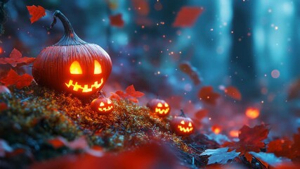Halloweens Magical Glow Jack-o'-lanterns light up an enchanted forest. The perfect spooky background for party invitations and festive holiday greetings. - Powered by Adobe
