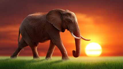 Elephant silhouette walking across grass against sunset background