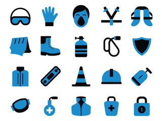 A collection of safety gear icons including gloves, helmets, and first aid kits in blue and black.
