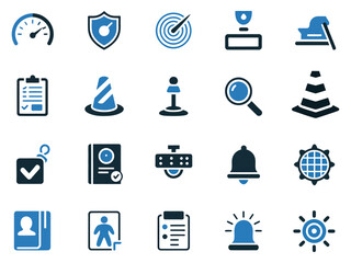 Collection of various blue icons representing safety, checks, and monitoring.