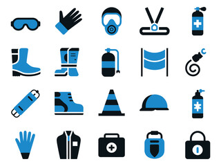 Collection of safety and protection equipment icons in blue and black colors.