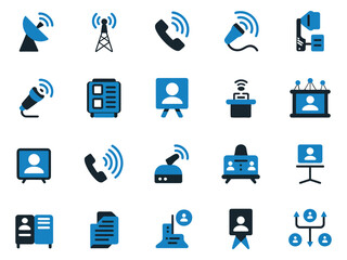 A collection of communication icons showcasing various devices and technology in blue tones.
