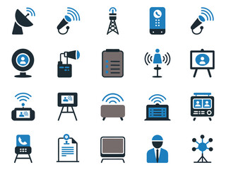 A diverse set of communication icons representing various technologies.