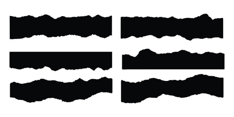Set of six black ripped paper edge elements with ragged texture isolated on white background