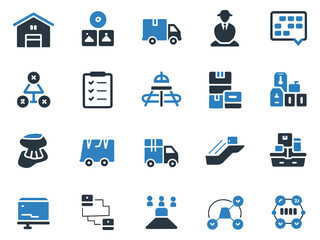 A diverse collection of logistics and management icons in blue and gray tones, illustrating various concepts.