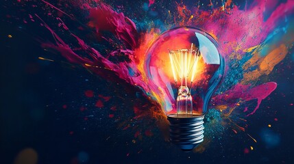 Ignite your imagination with a vibrant explosion of color around a glowing lightbulb, symbolizing brilliant ideas and innovation