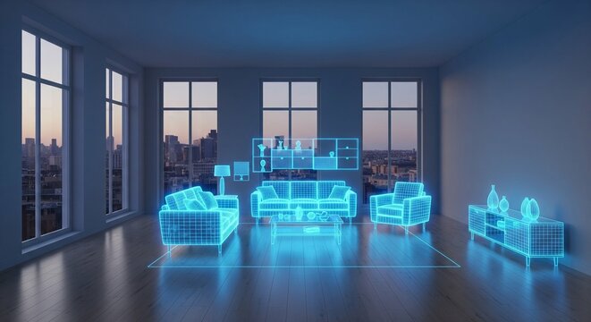 Empty apartment with glowing holographic furniture layout visualization