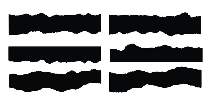 Set of six black ripped paper edge elements with ragged texture isolated on white background