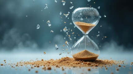 A shattered hourglass is frozen in mid-air, with sand spilling from the broken glass.
