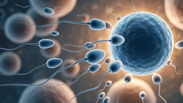 Close Up View of Sperm Approaching Egg During Fertilization.