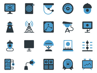 Collection of diverse icons symbolizing technology and communication in various shades of blue.