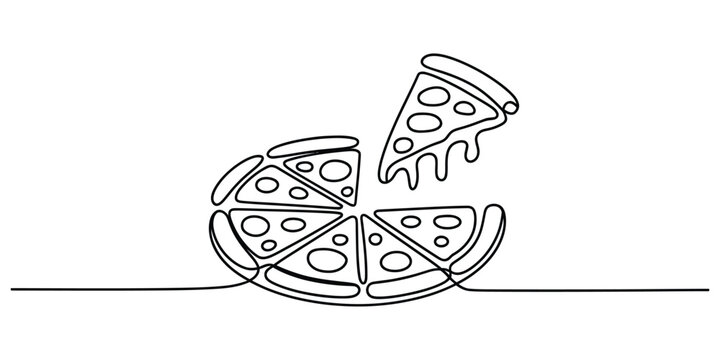 Continuous line art drawing of a delicious pizza with one slice.
