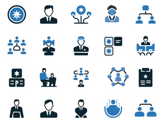 Collection of diverse business and teamwork icons in blue tones, representing collaboration and communication.