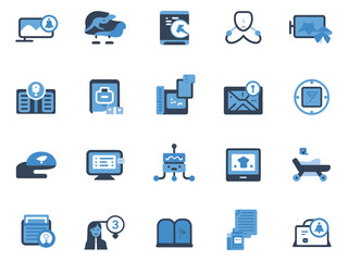 Blue-themed icons representing technology, communication, and healthcare services.