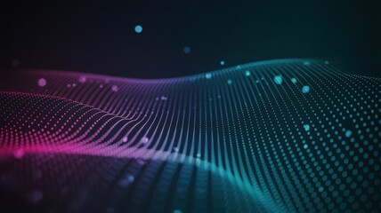 Abstract neon waveform with floating particles on dark background