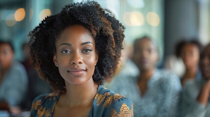 Engaging woman smiles at a conference, showcasing confidence and participation in a professional setting
