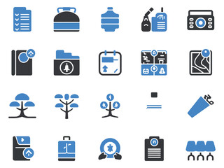 A collection of blue and gray icons depicting various everyday objects and concepts.