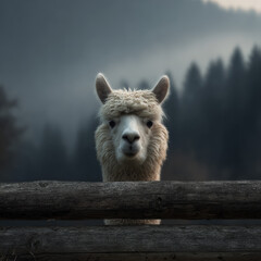 Naklejka premium Fluffy alpaca peeking over wooden fence on foggy farm