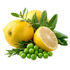 Vibrant Culinary Still Life with Fresh Lemons, Green Peas, and Herbs