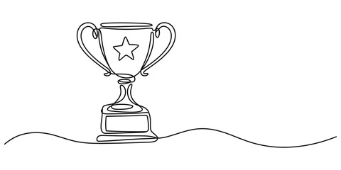 Continuous line art drawing of a trophy cup with a star design on it