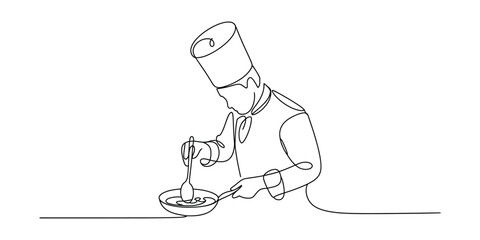 Continuous line art drawing of a chef preparing meal in a pan
