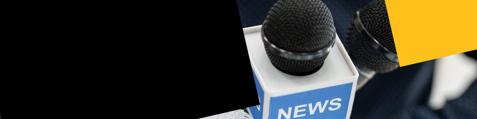 Professional news microphone with foam windscreen held during press interview, symbolizing journalism, broadcasting, and media reporting in a modern communication environment.