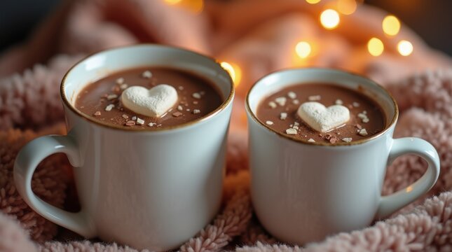 Two mugs with hot chocolate and marshmallows in the shape of a heart, on a cozy blanket with bokeh.

