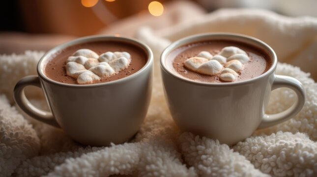 Two mugs with hot chocolate and marshmallows in the shape of a heart, on a cozy blanket with bokeh.
