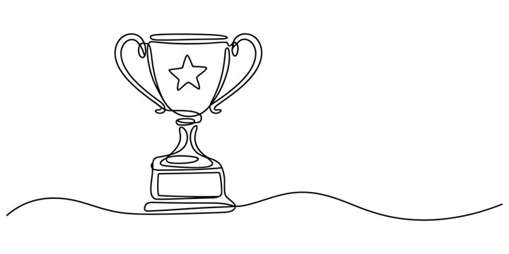 Continuous line art drawing of a trophy cup with a star design on it
