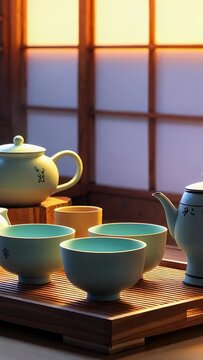 Vertical video: Filtering light washing tea set on tray before paper screens, highlighting serenity