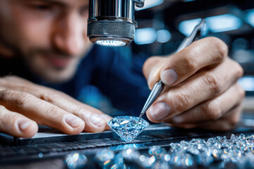 Jeweler inspects a large diamond with tweezers under a microscope