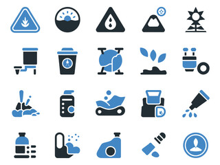 A collection of industrial and environmental icons, showcasing various elements related to water, energy, and safety.