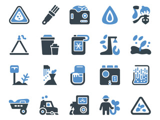 Collection of blue themed construction and environmental icons in various styles.