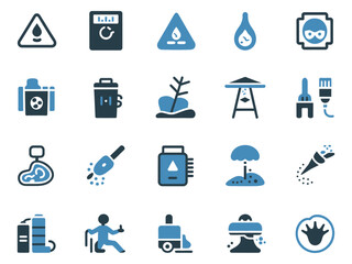A collection of blue icons representing safety, measurement, and environmental themes.