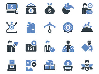 A diverse collection of finance and business icons in various shades and styles.