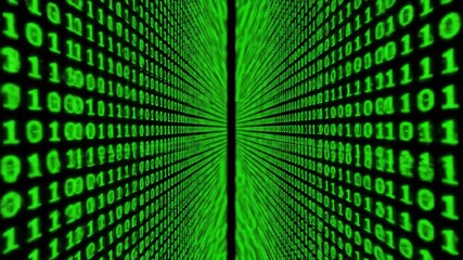 Abstract digital data stream with glowing green binary code numbers flowing towards the viewer creating a futuristic tunnel effect representing technology internet and cybersecurity concepts. - Powered by Adobe