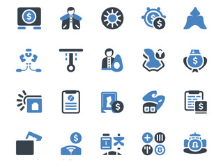 A collection of finance and business icons in blue and gray shades, symbolizing various financial concepts.