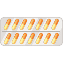 Blister pack of twelve orange and yellow capsules on a white background pharmaceutical medication packaging medical health care concept