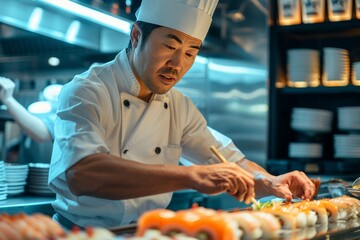 Master sushi chef preparing colorful sushi rolls in a busy restaurant kitchen during dinner service