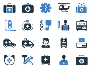 A collage of medical icons representing healthcare services and equipment in blue tones.