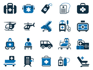 Collection of healthcare-related icons representing emergency services and medical equipment.