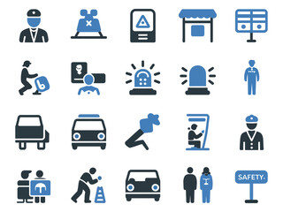 Collection of safety and security icons in a modern, minimalist style, showcasing various scenarios.
