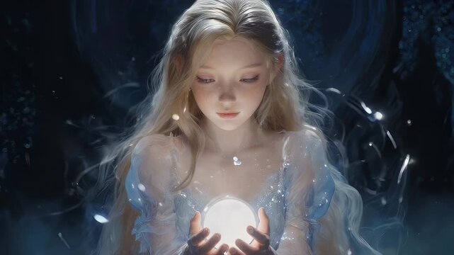 Enchanting young girl holding magical glowing orb in mystical forest.